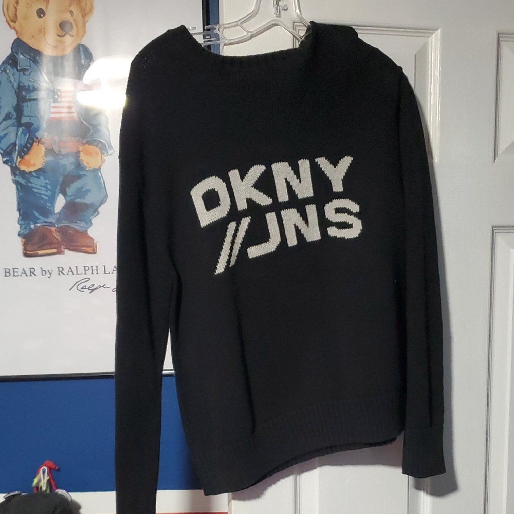 Womens Vintage DKNY Black Crewneck Sweater with White Logo Sz L